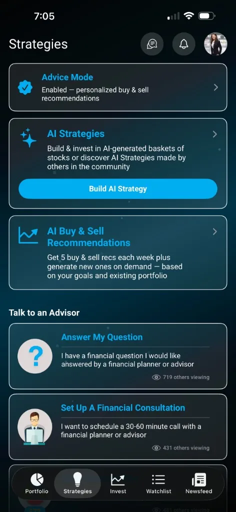 Strategies tab in the StockLift app showing Advice Mode, AI Strategies, AI Buy and Sell Recommendations, and advisor options
