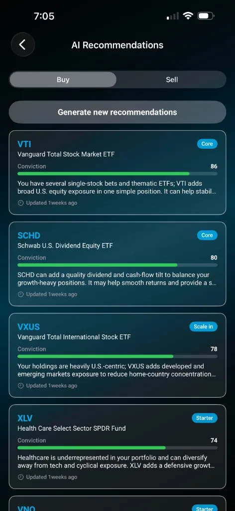 AI buy recommendations in the StockLift app with conviction scores and rationale for each idea