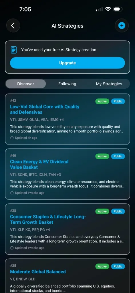 AI Strategies Discover feed in the StockLift app showing public community strategies