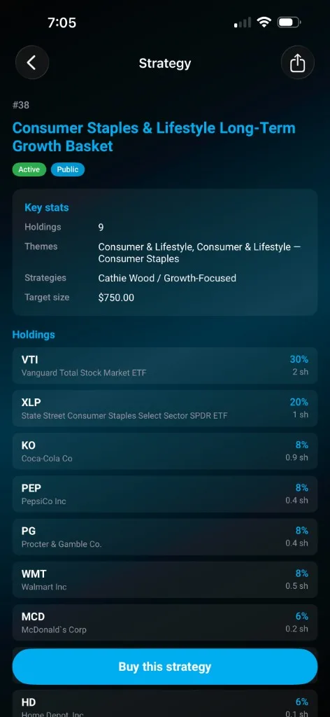 AI Strategy detail in the StockLift app showing holdings, key stats, and a buy button