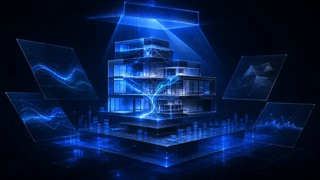 Abstract StockLift cover: a crystalline company model scanned by soft AI light planes