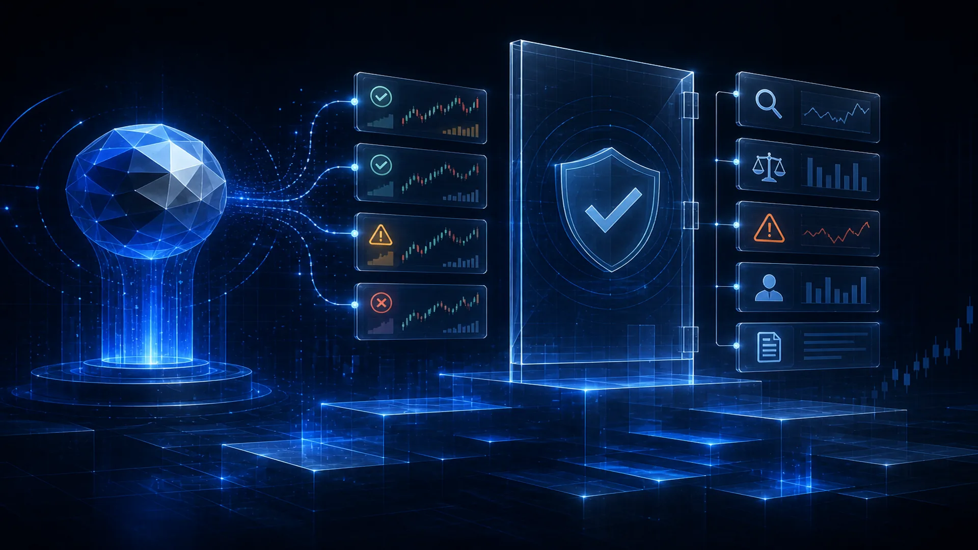 Abstract StockLift cover: an AI signal orb behind a clear verification gate