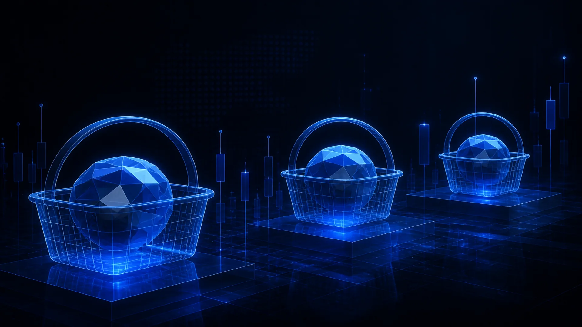 Abstract StockLift cover: a few ordered translucent ETF baskets holding index spheres