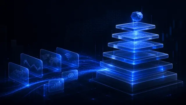 Abstract StockLift cover: stacked translucent ETF layers forming a stable structure