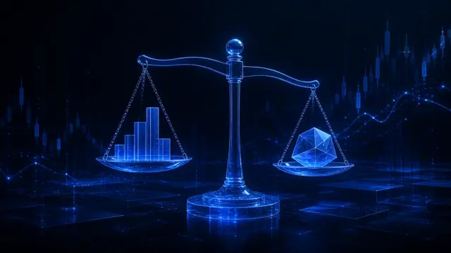 Abstract StockLift cover: a balanced glass scale weighing valuation signals
