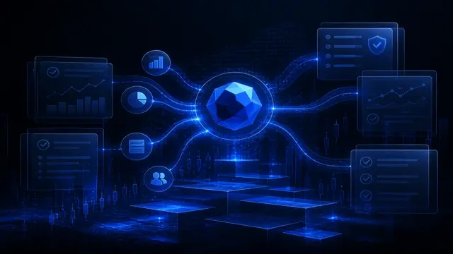 Abstract StockLift cover: translucent research panels linked by blue data threads