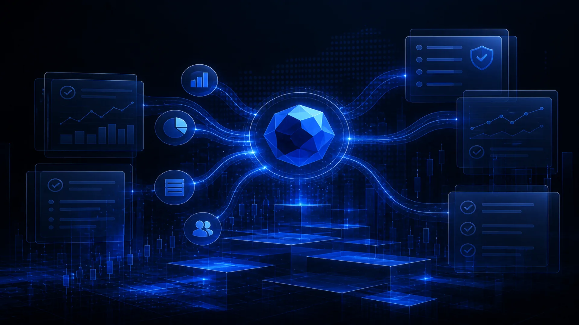 Abstract StockLift cover: translucent research panels linked by blue data threads