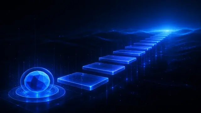 Abstract StockLift cover: luminous stepping stones rising toward a blue investing horizon