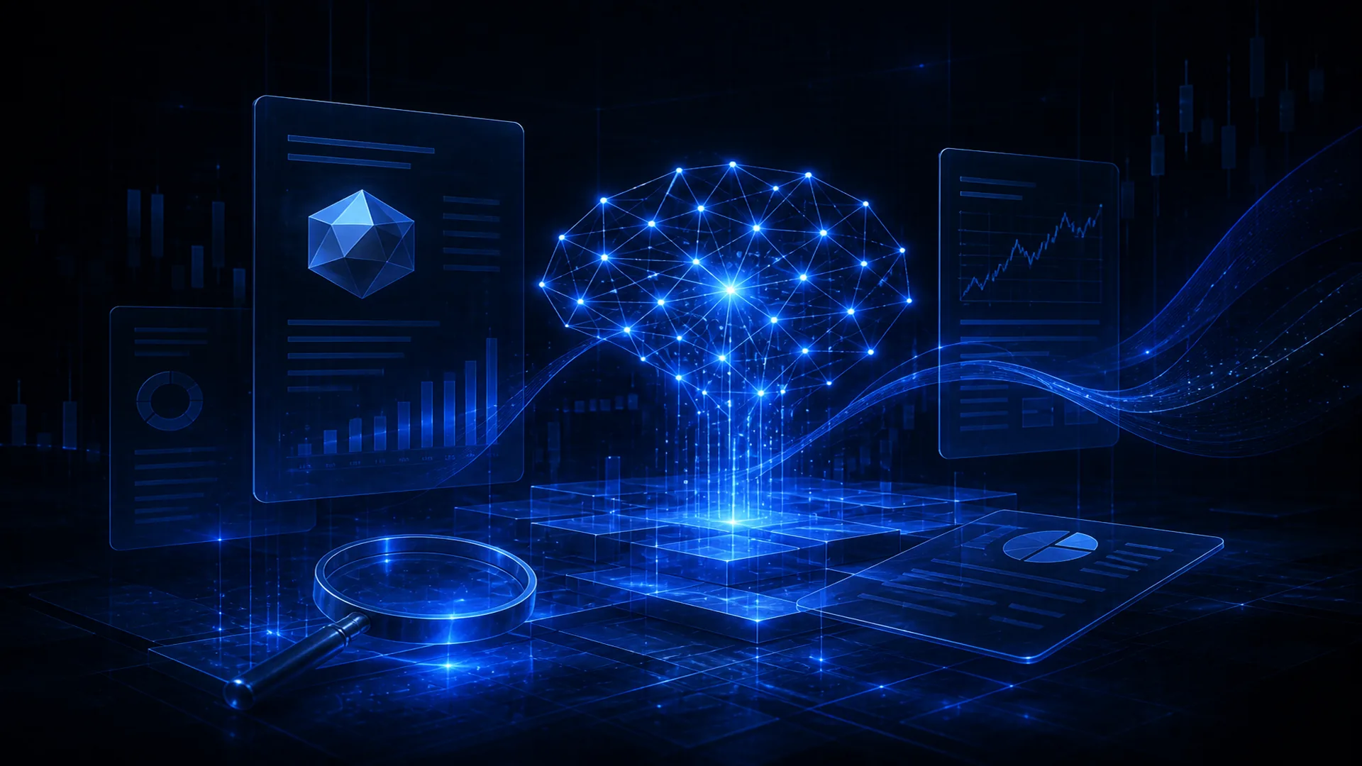 Abstract StockLift cover: a neural lattice illuminating research document panes