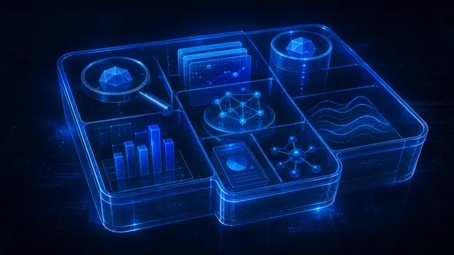 Abstract StockLift cover: an organized tray of glowing AI research instrument modules