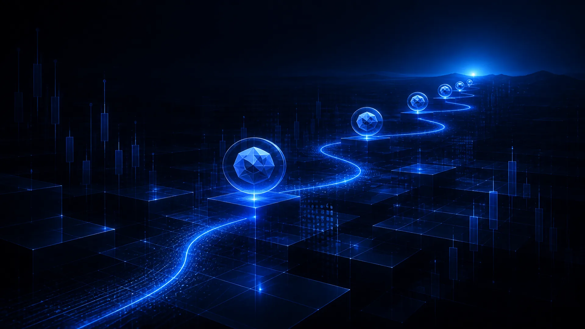 Abstract StockLift cover: a long horizon of ETF beacons leading toward a blue dawn