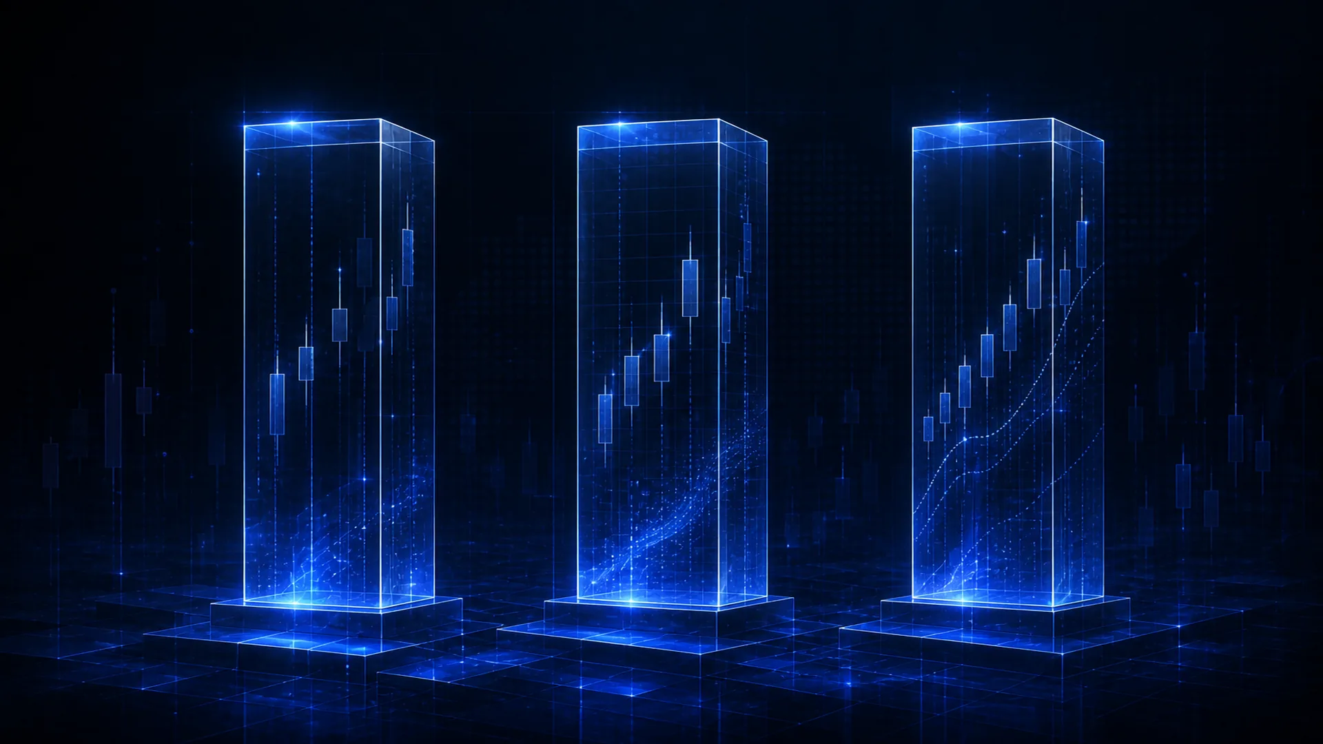 Abstract StockLift cover: three parallel translucent pillars representing S&P 500 ETF choices